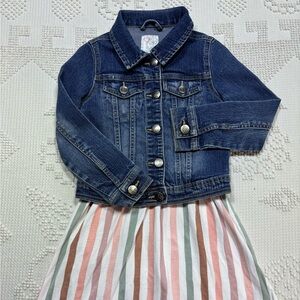 The Children's Place Blue Denim Jacket with Pink, Green & Brown Striped Dress